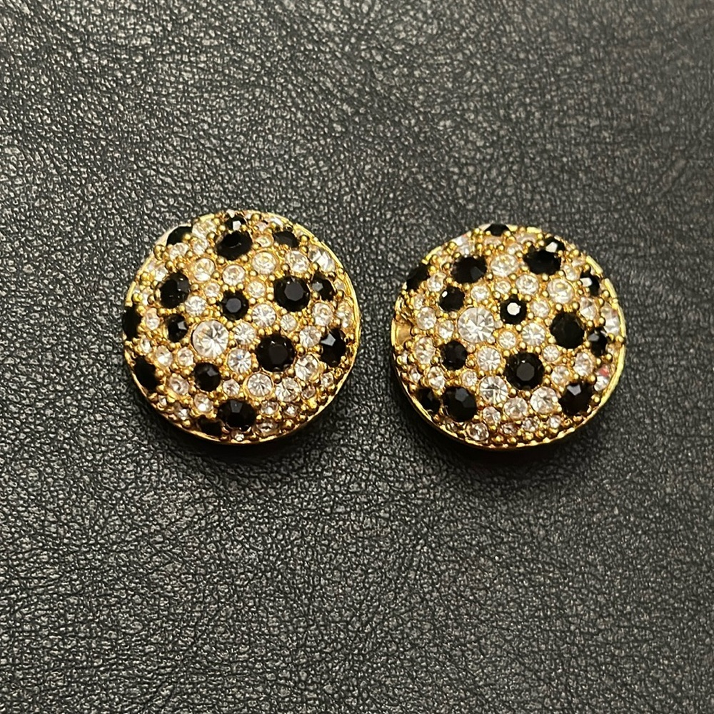 Swarovski Signed Vintage Pave Crystal Leopard Print Round Clip-On Earrings AS-IS